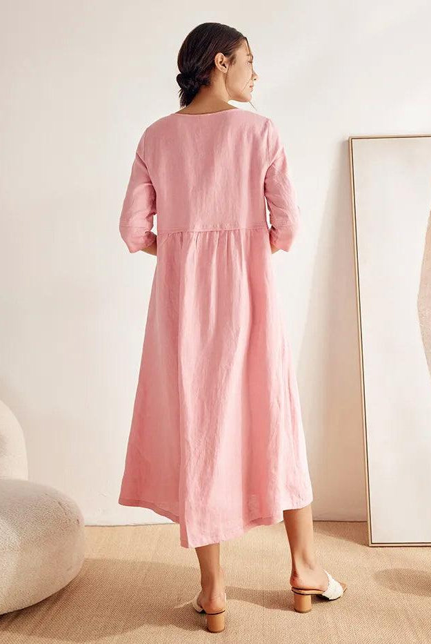 100% Linen Loose Fit Button Waist Gathered Maxi Dress LUNA - DRESSES-Linen