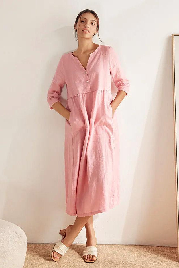 100% Linen Loose Fit Button Waist Gathered Maxi Dress LUNA - DRESSES-Linen