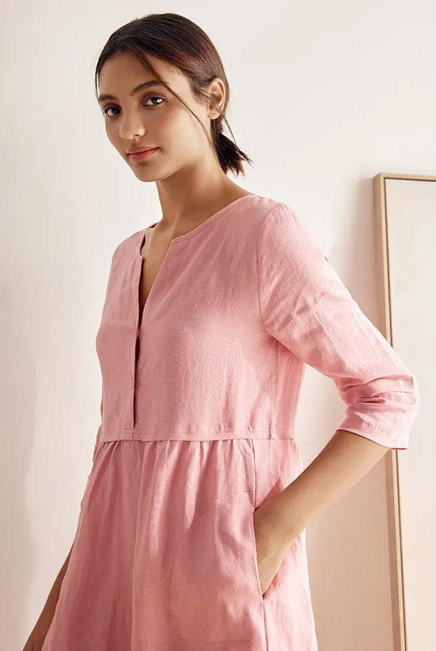 100% Linen Loose Fit Button Waist Gathered Maxi Dress LUNA - DRESSES-Linen