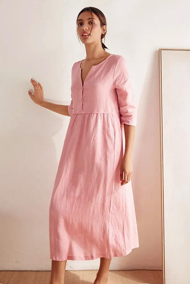 100% Linen Loose Fit Button Waist Gathered Maxi Dress LUNA - DRESSES-Linen