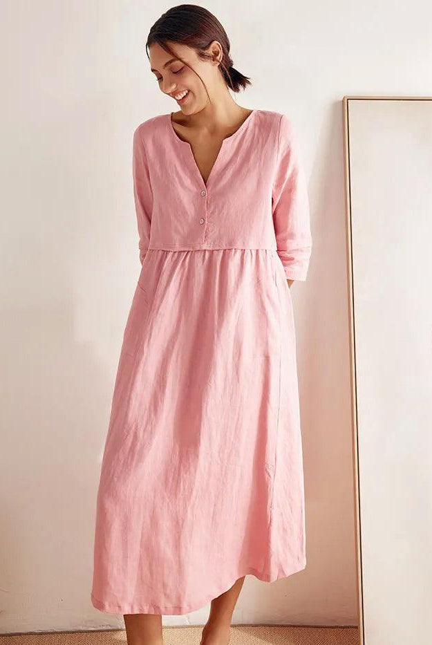 100% Linen Loose Fit Button Waist Gathered Maxi Dress LUNA - DRESSES-Linen