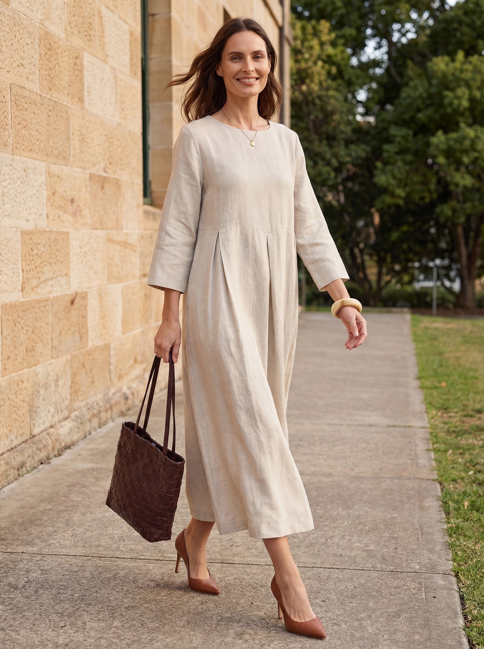 100% Linen Bateau Neck Pleated Midi Dress ABIGAIL by LINTICO for women