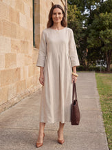 100% Linen Bateau Neck Pleated Midi Dress ABIGAIL by LINTICO for women