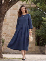 100% Linen Bateau Neck Pleated Midi Dress ABIGAIL by LINTICO for women