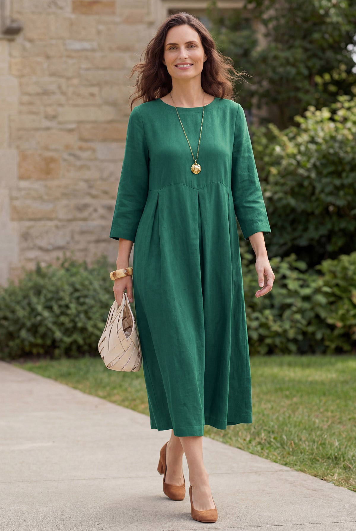 100% Linen Bateau Neck Pleated Midi Dress ABIGAIL by LINTICO for women