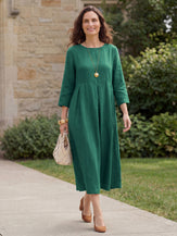 100% Linen Bateau Neck Pleated Midi Dress ABIGAIL by LINTICO for women
