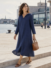 Blue 100% Linen Hooded Pullover Midi Dress REBECCA by LINTICO