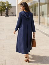Blue 100% Linen Hooded Pullover Midi Dress REBECCA by LINTICO