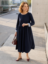 Blue Organic Cotton Patchwork Cuff Crew Neck Casual Midi Dress SCARLETT by LINTICO
