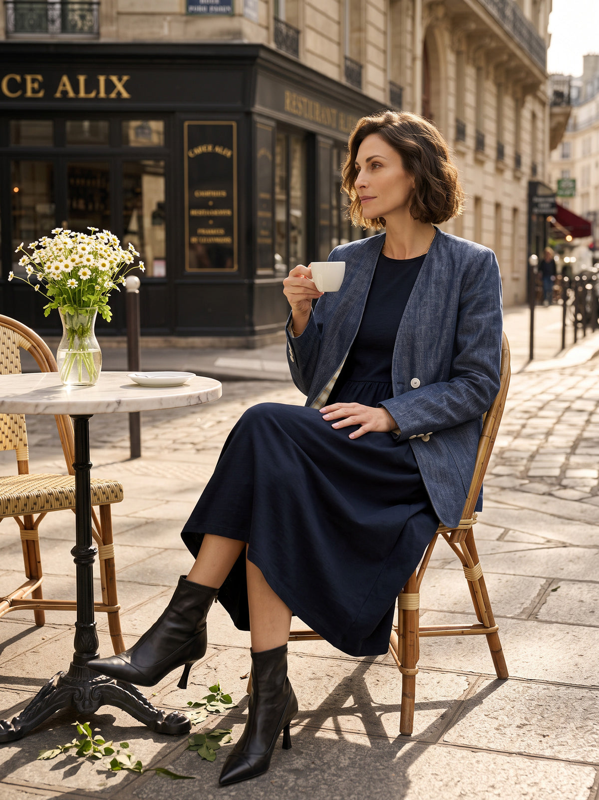 Model wearing Organic Cotton Patchwork Cuff Crew Neck Casual Midi Dress SCARLETT in Navy Blue