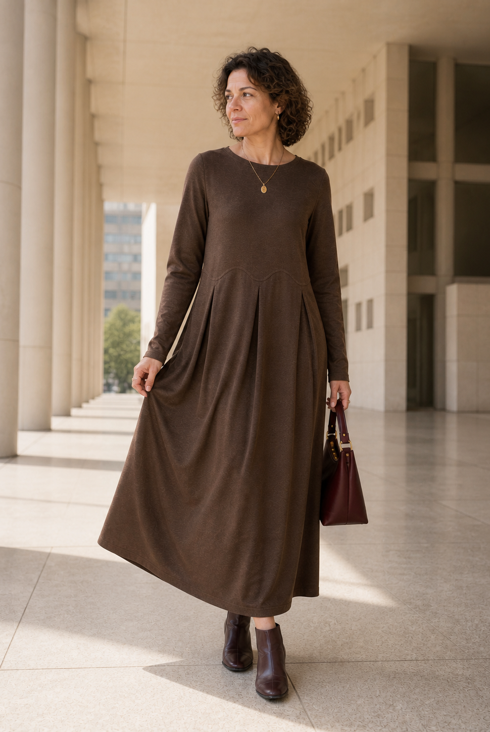 Coffee Wool Arc-Panel Sculpted Pleats Midi Dress CALISTA by LINTICO