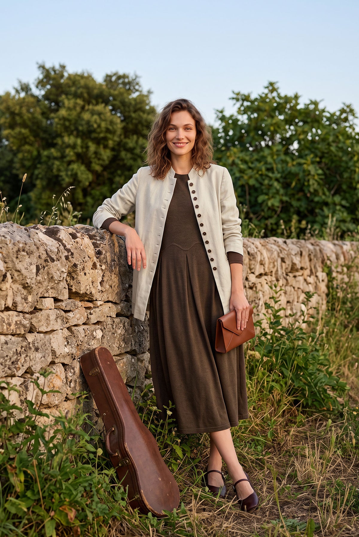Coffee Wool Arc-Panel Sculpted Pleats Midi Dress CALISTA