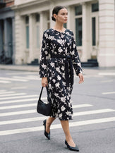 100% Linen Floral Printed Gathered Midi Dress ELODIE by LINTICO for women
