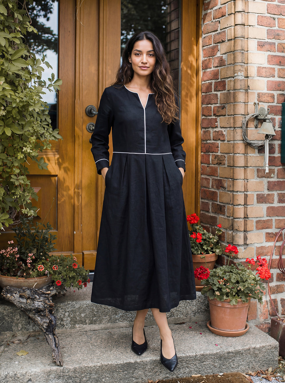 Linen-Lyocell Contrast Trim Gathered Midi Dress NYX by LINTICO for women