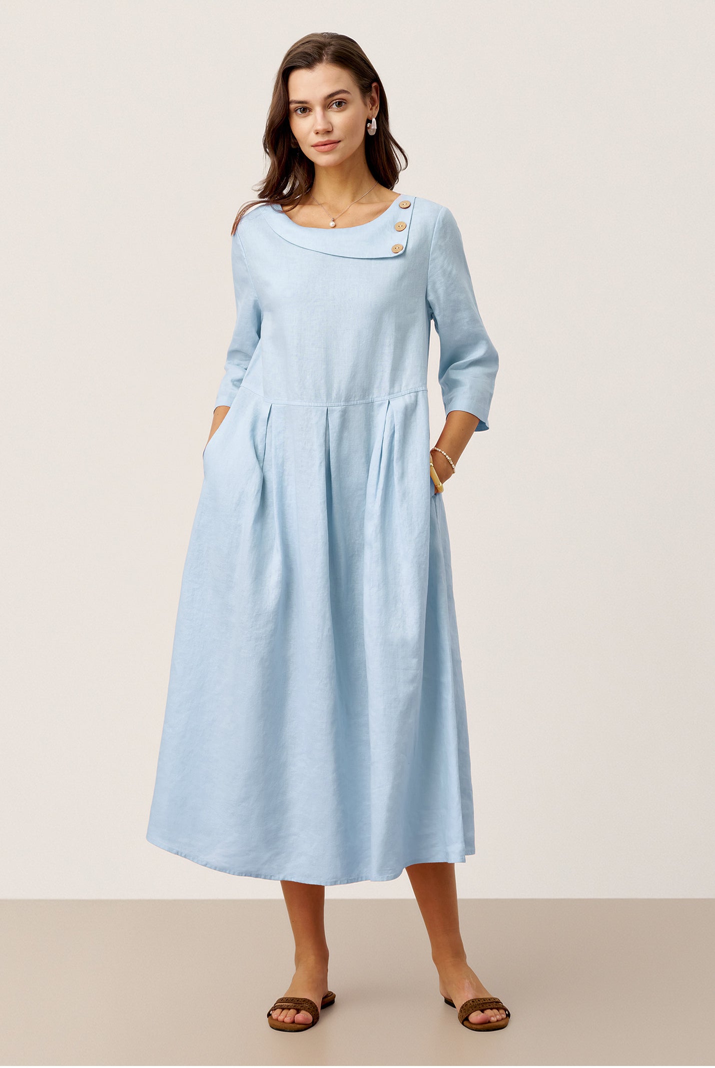100% Linen Crescent Neck Decorative Button Waist Pleated Midi Dress GWENYTH by LINTICO for women