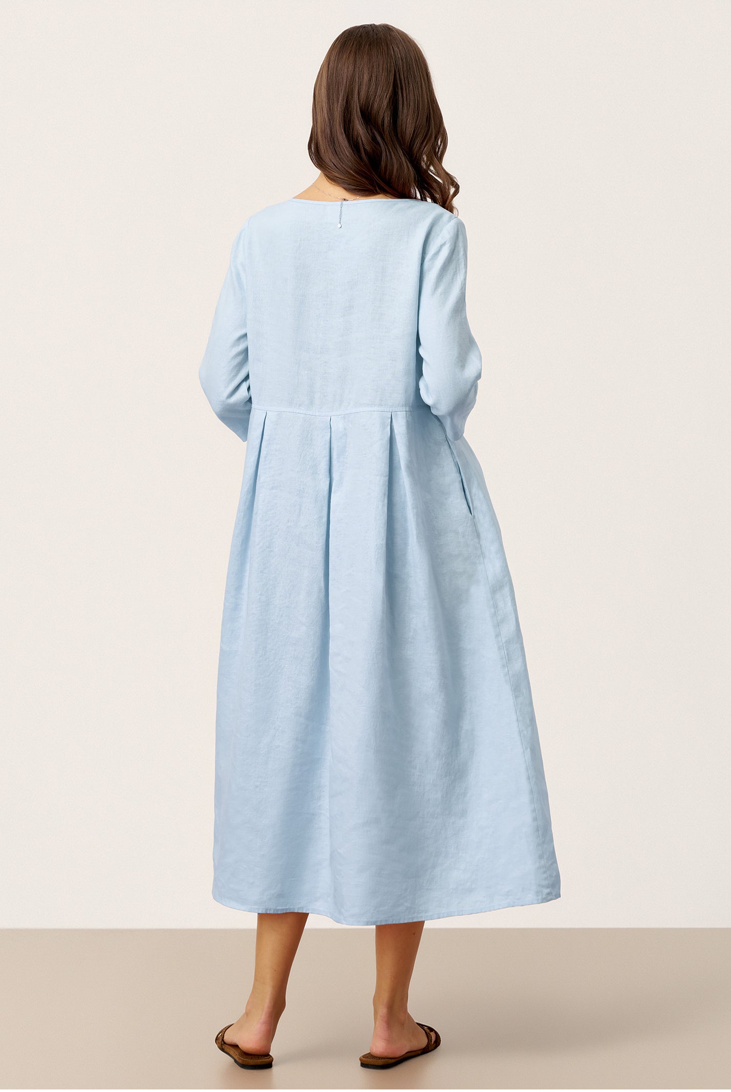 100% Linen Crescent Neck Decorative Button Waist Pleated Midi Dress GWENYTH by LINTICO for women