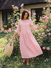 100% Linen Crescent Neck Decorative Button Waist Pleated Midi Dress GWENYTH by LINTICO for women