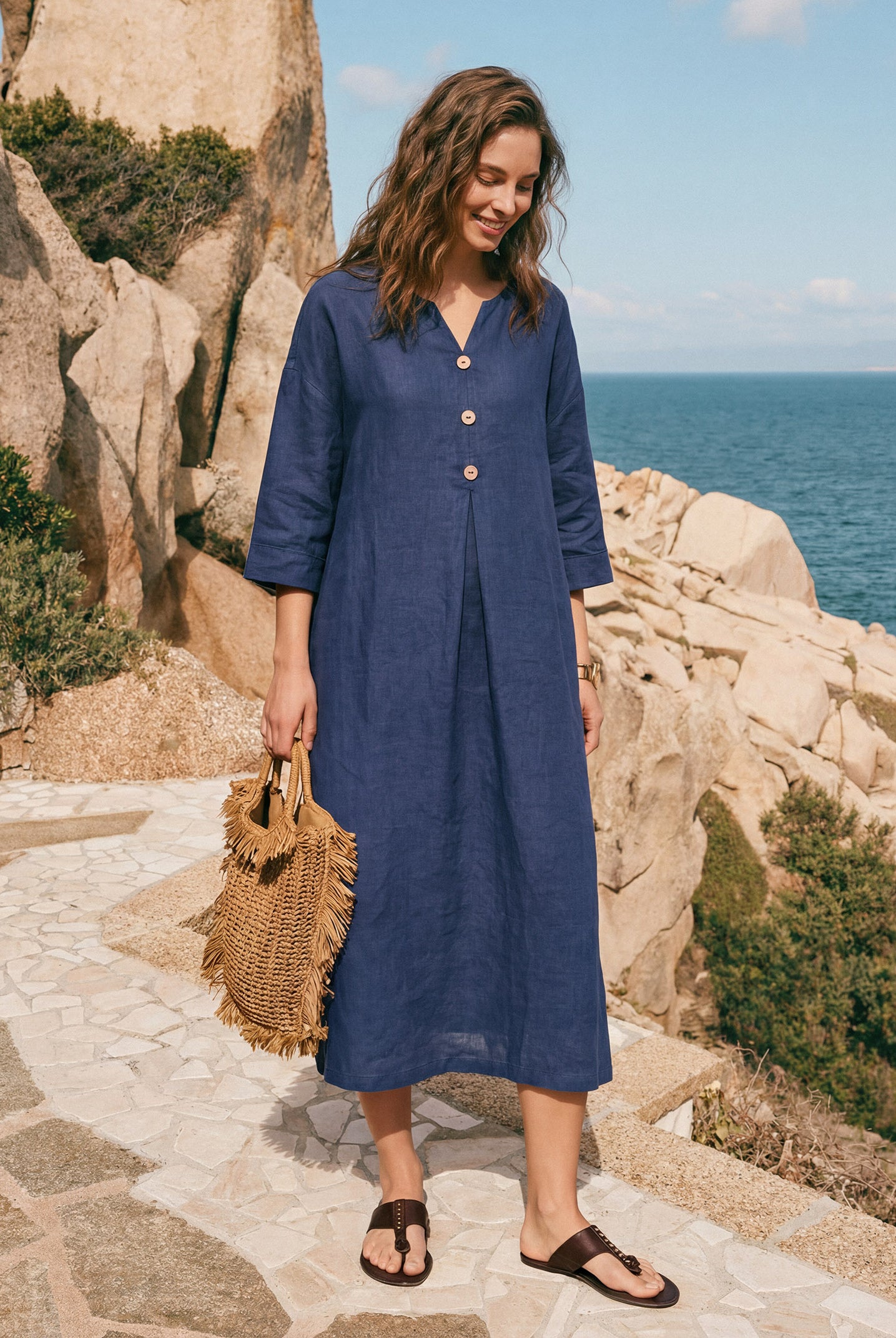 100% Linen Notch Neck Inverted Pleat Midi Dress MATILDE by LINTICO for women