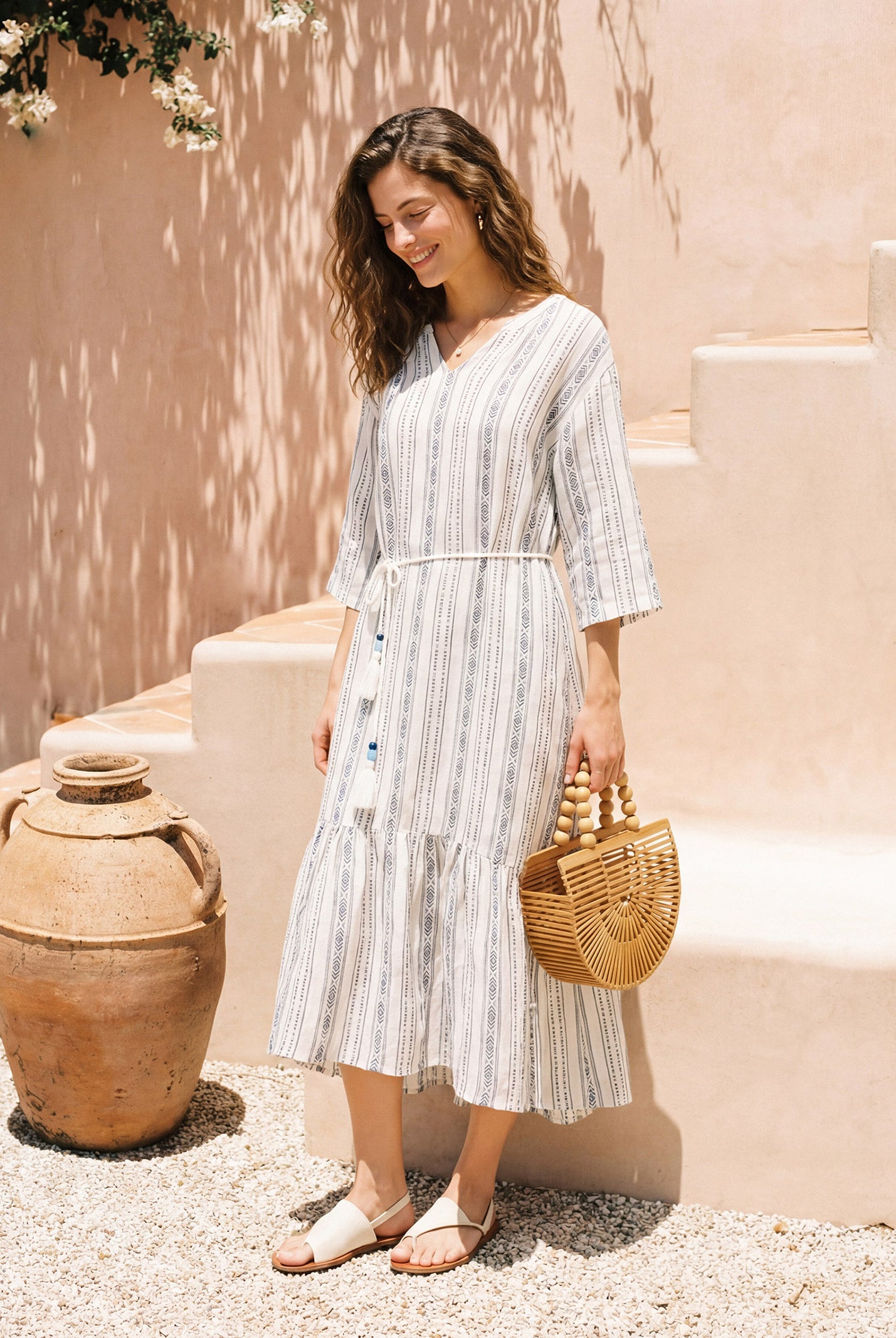 Linen Tribal Stripe Split Neck Bohemian Ruffle Midi Dress with Woven Belt and Slip MARLOWE by LINTICO for women