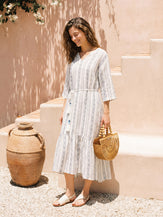 Linen Tribal Stripe Split Neck Bohemian Ruffle Midi Dress with Woven Belt and Slip MARLOWE by LINTICO for women