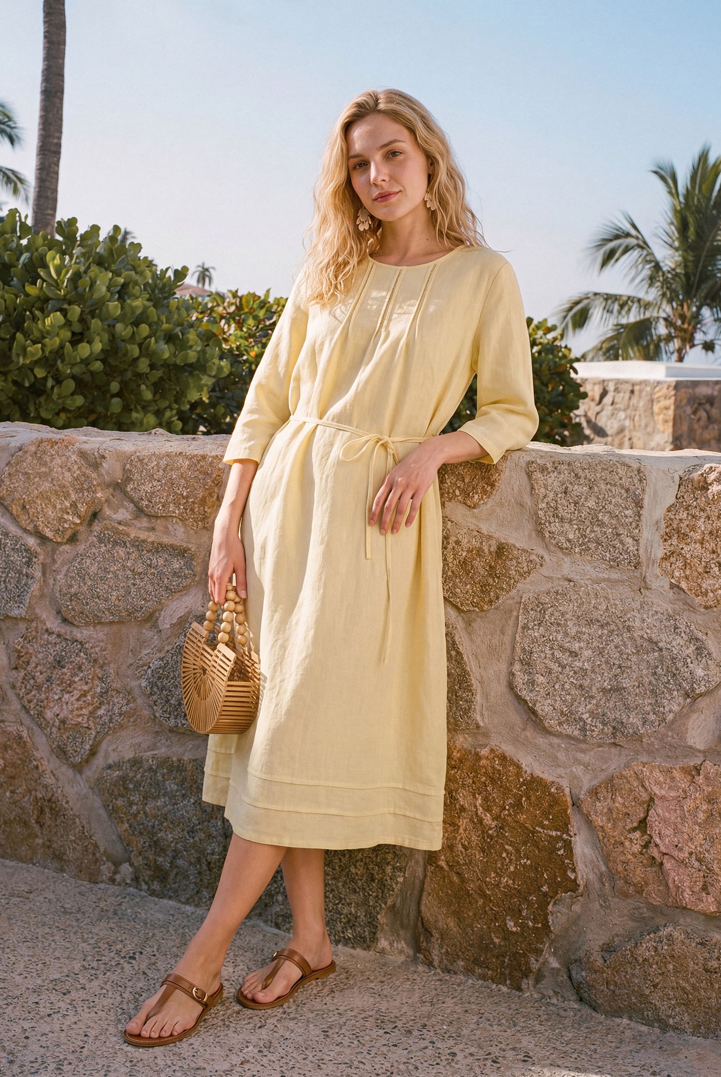 100% Linen Pintucked Embroidered Adjustable Belt Tiered Midi Dres VERENA by LINTICO for women