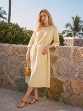 100% Linen Pintucked Embroidered Adjustable Belt Tiered Midi Dress VERENA by LINTICO for women