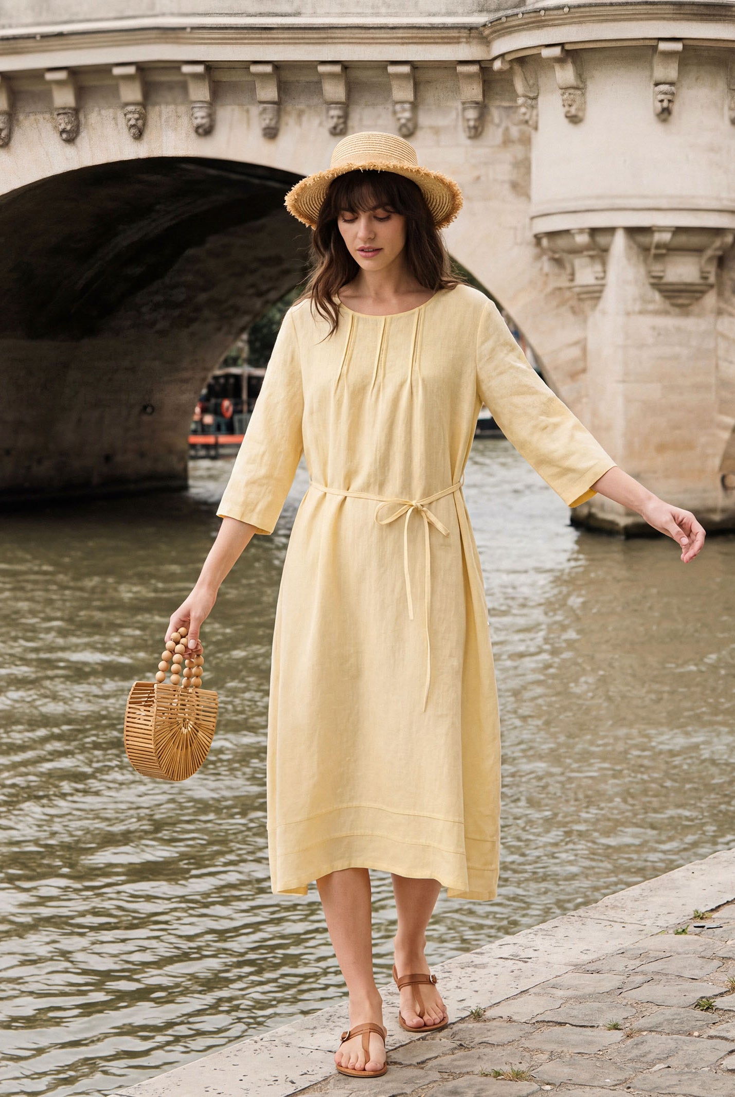 100% Linen Pintucked Embroidered Adjustable Belt Tiered Midi Dres VERENA by LINTICO for women