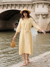 100% Linen Pintucked Embroidered Adjustable Belt Tiered Midi Dress VERENA by LINTICO for women