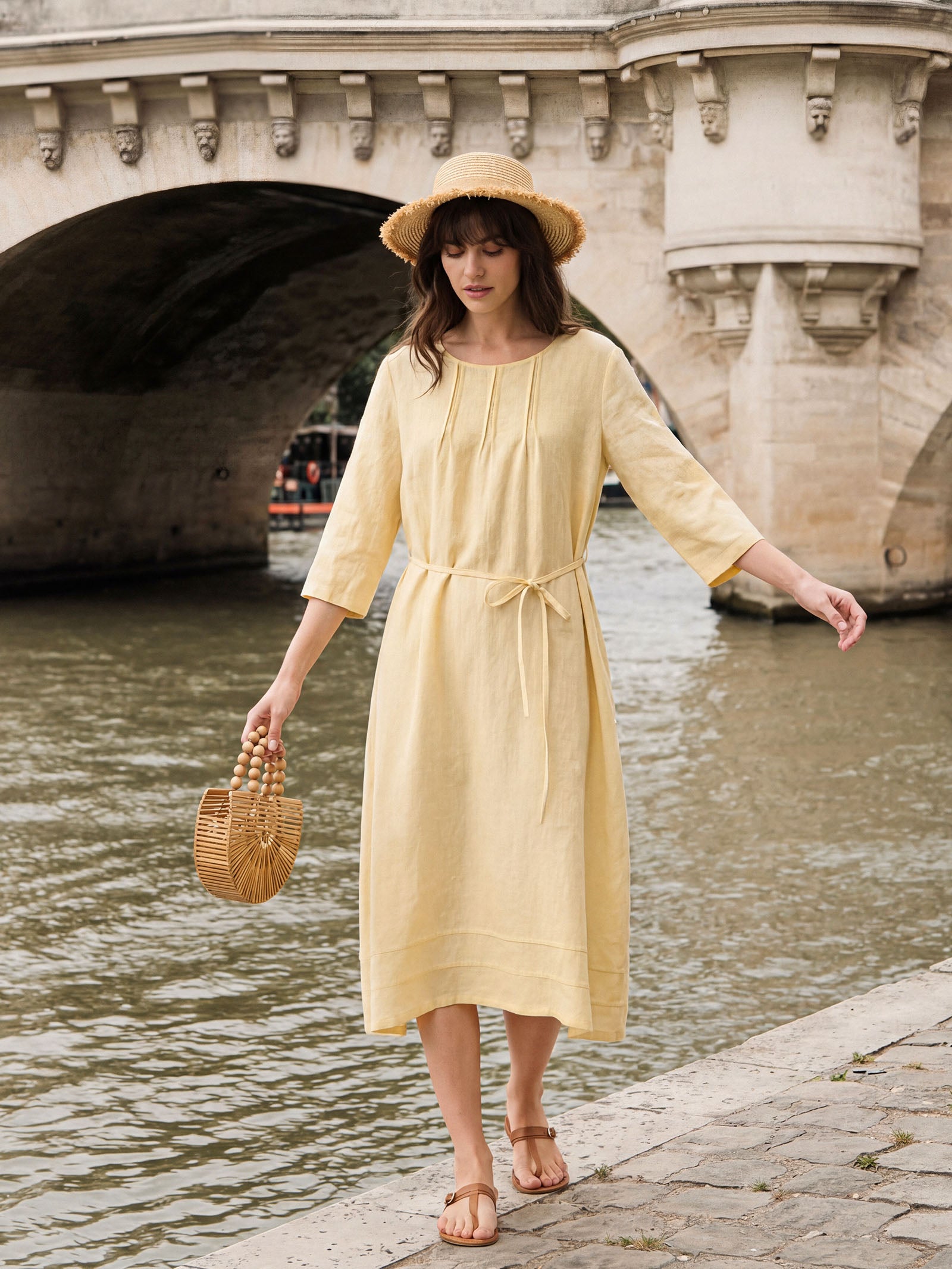100% Linen Pintucked Embroidered Adjustable Belt Tiered Midi Dress VERENA by LINTICO for women