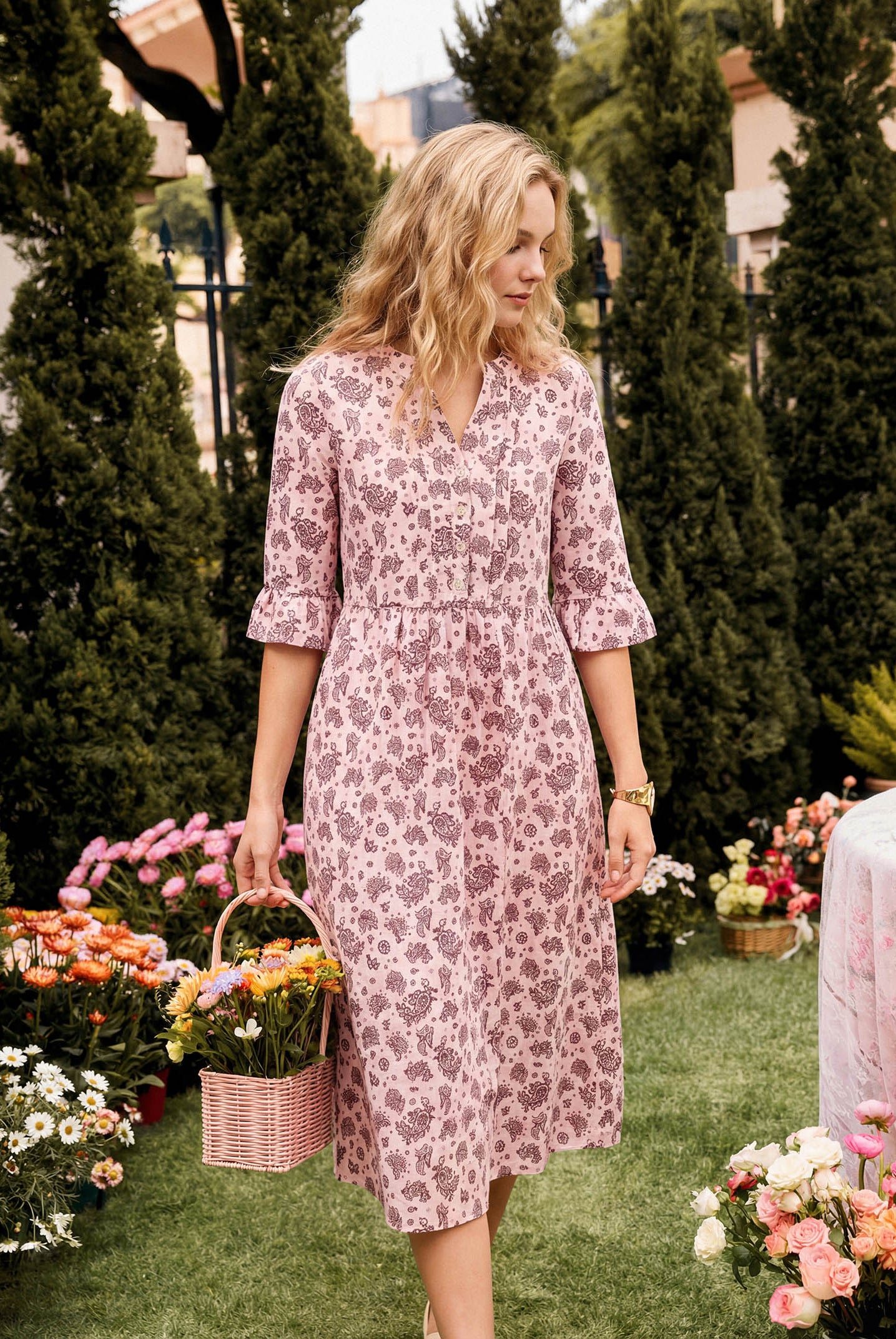 Linen Paisley Pintucked Ruffle-Cuff Midi Dress MAELYN by LINTICO for women