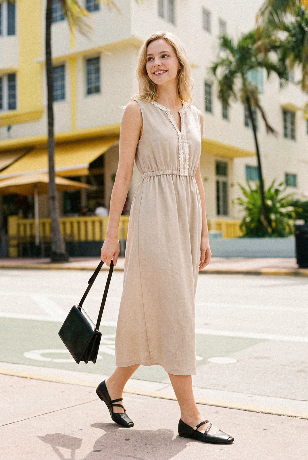 100% Linen Ruffle Trim Elasticated Waist Sleeveless Midi Dress LUCINDA by LINTICO for women