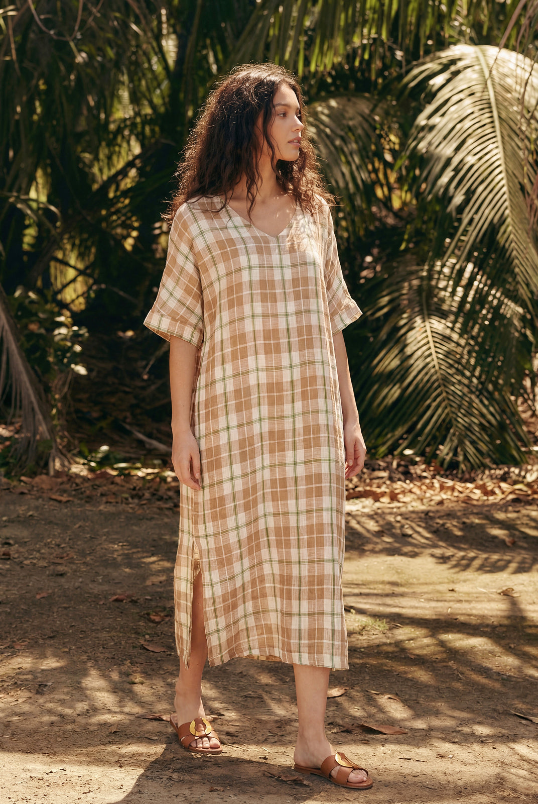 100% Linen Plaid Deep V-Neck Drop Shoulder Side Slit Midi Dress LESLIE by LINTICO for women