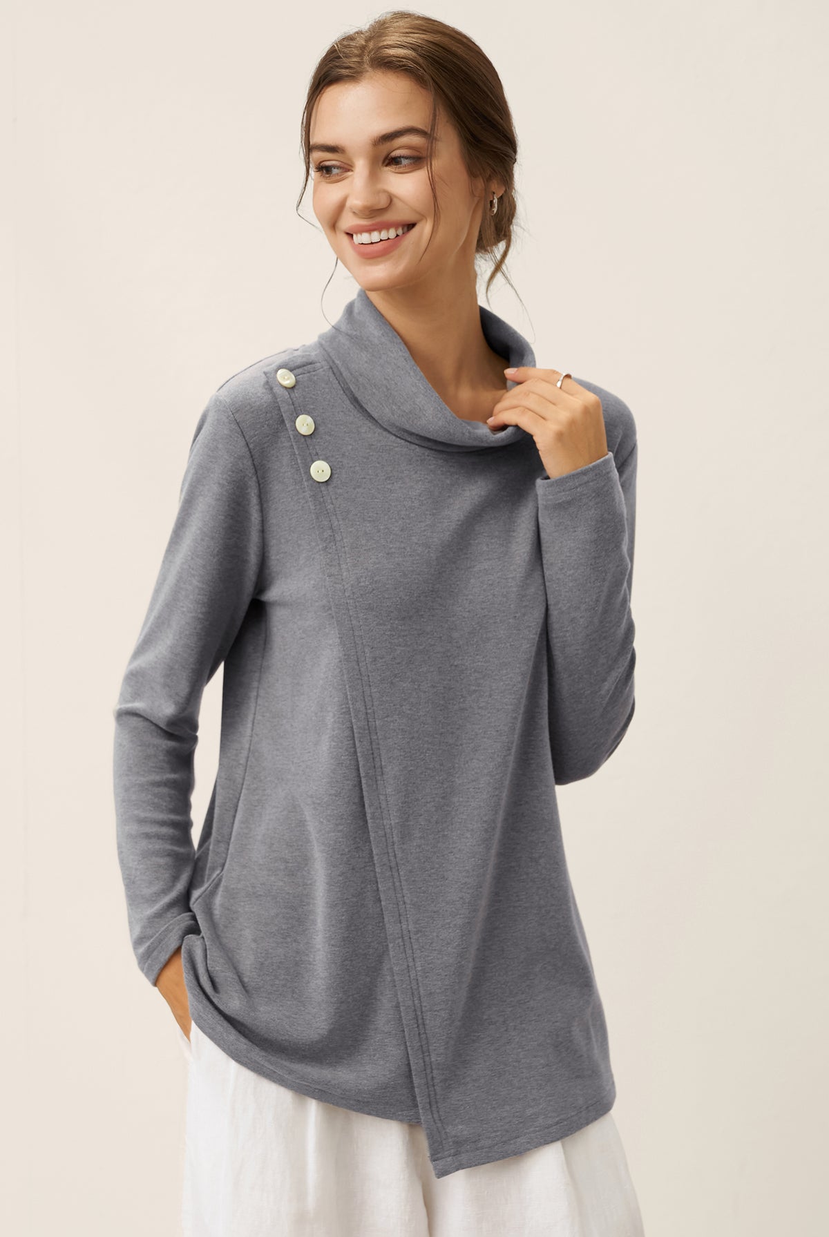 Lenzing Modal® Mock Neck Buttoned Stretch Top ZARIA by LINTICO for women
