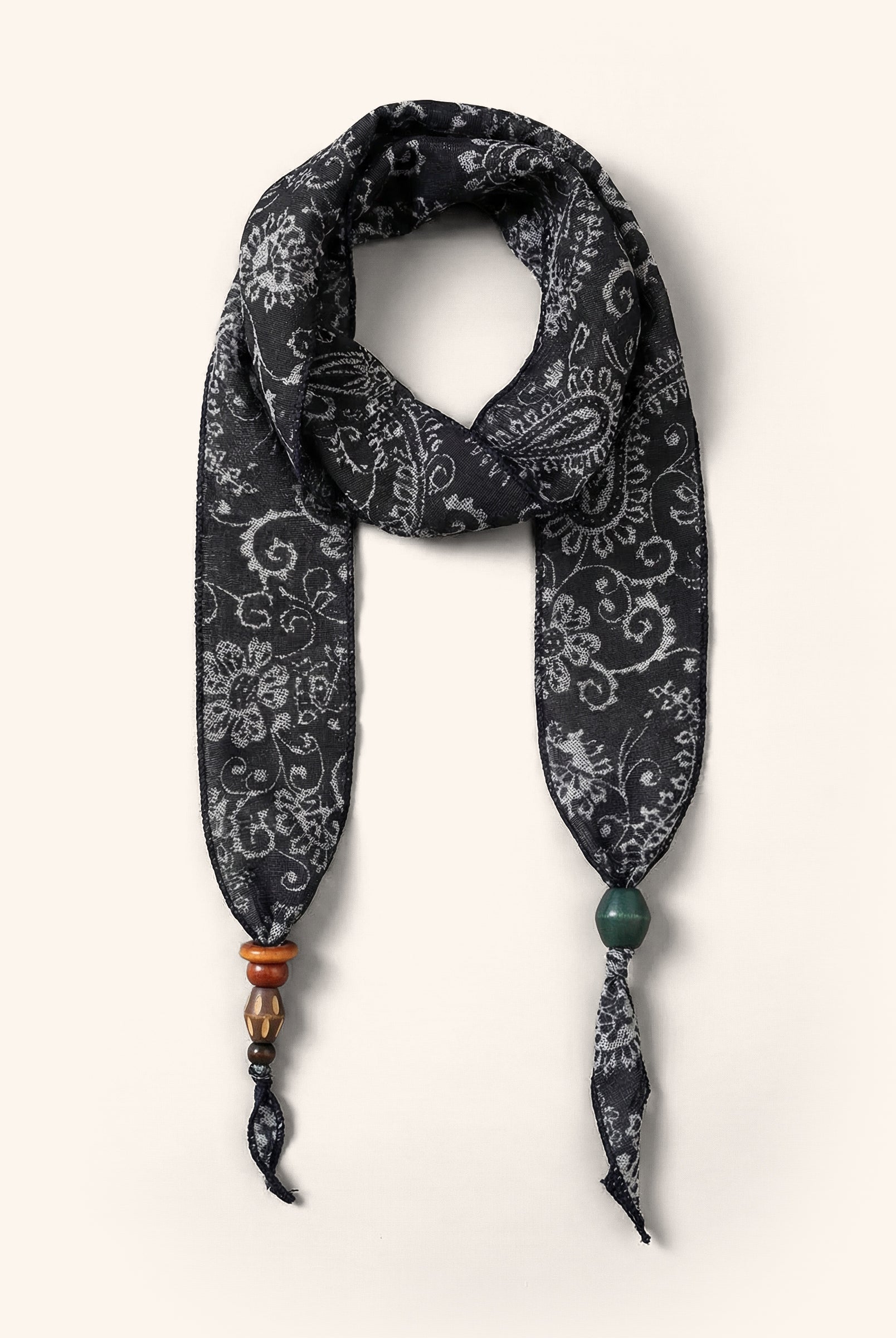 Multi-Functional Floral Satin Scarf With Jade Bead Accents by LINTICO for women