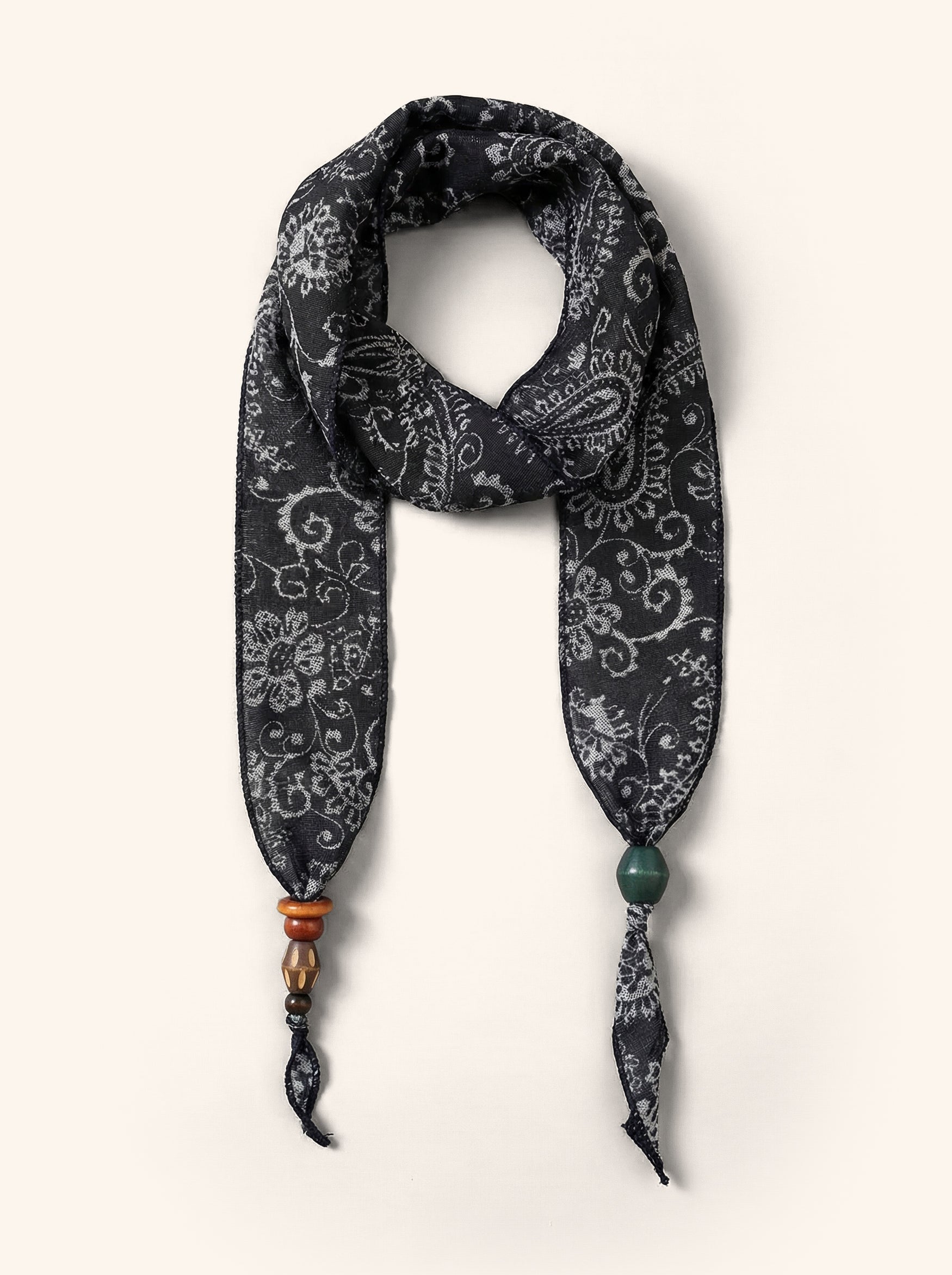 Multi-Functional Floral Satin Scarf With Jade Bead Accents by LINTICO for women