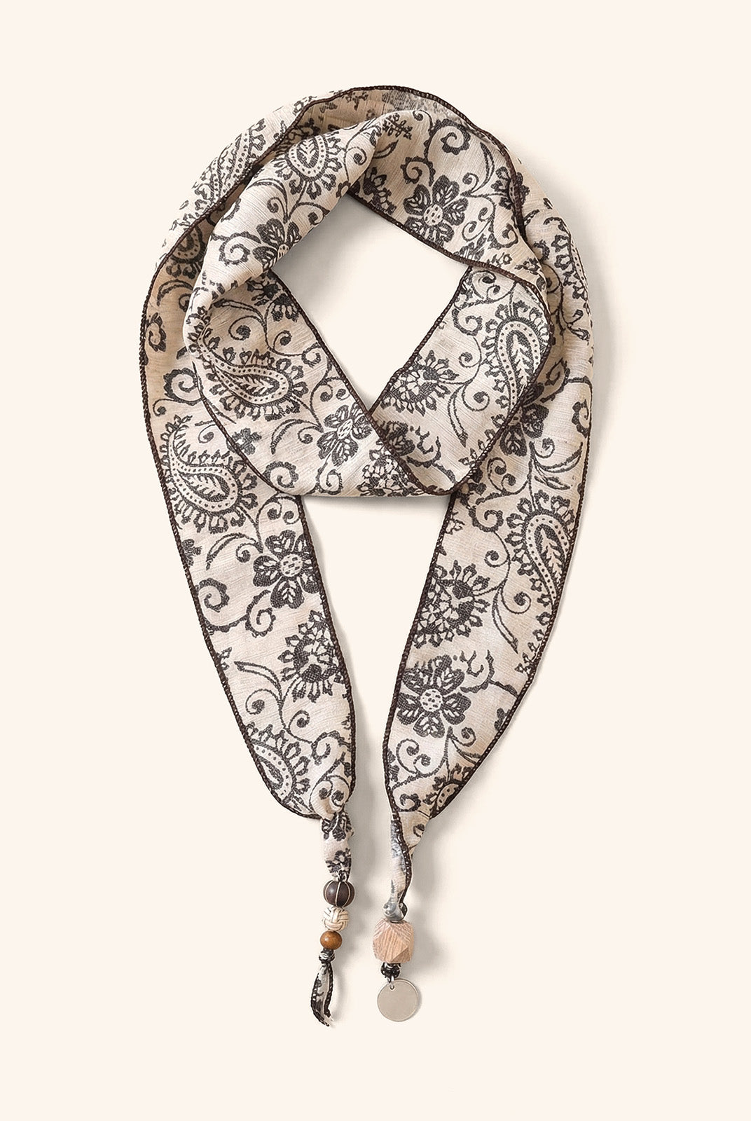 Multi-Functional Floral Satin Scarf With Jade Bead Accents by LINTICO for women