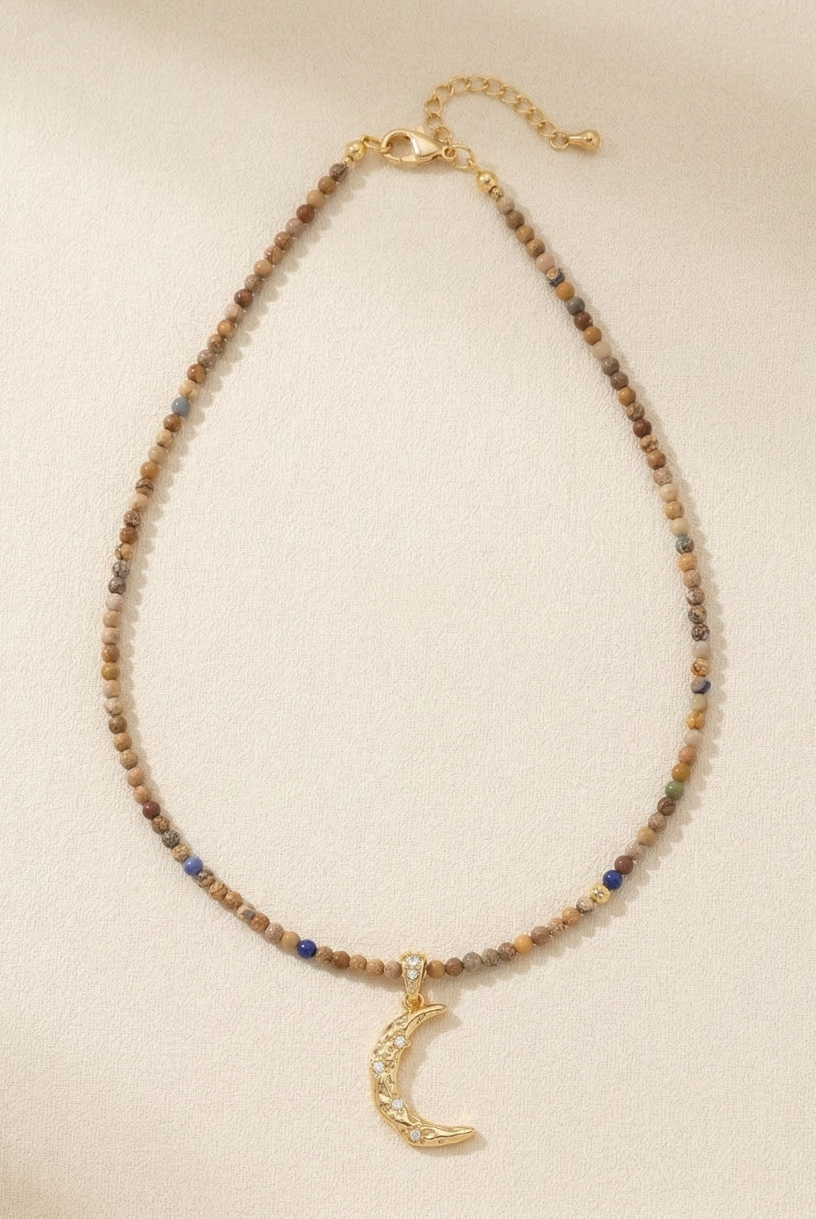 Handmade Natural Stone Beaded Necklace with Moon Pendant by LINTICO