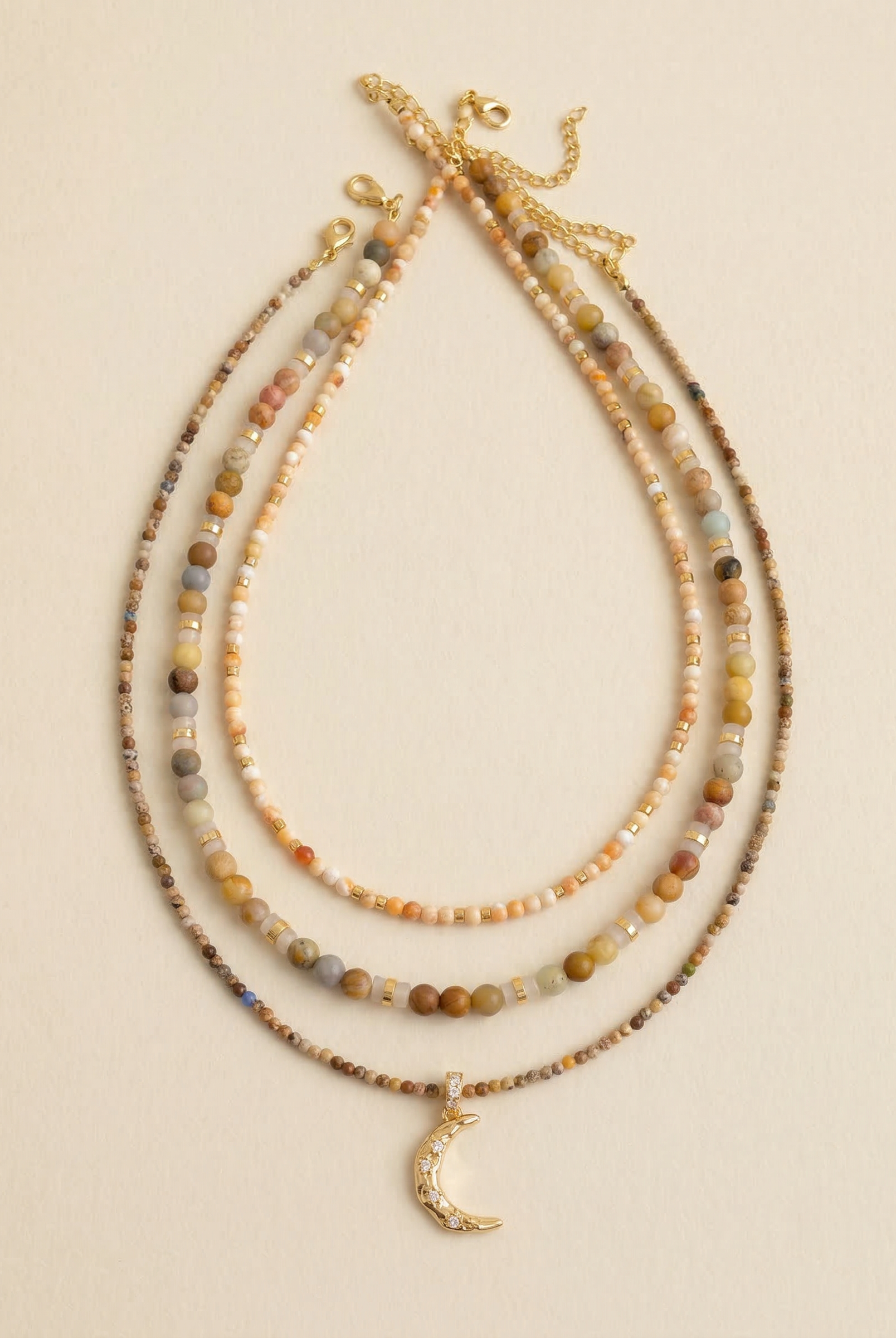 Handmade Natural Stone Beaded Necklace with Moon Pendant by LINTICO