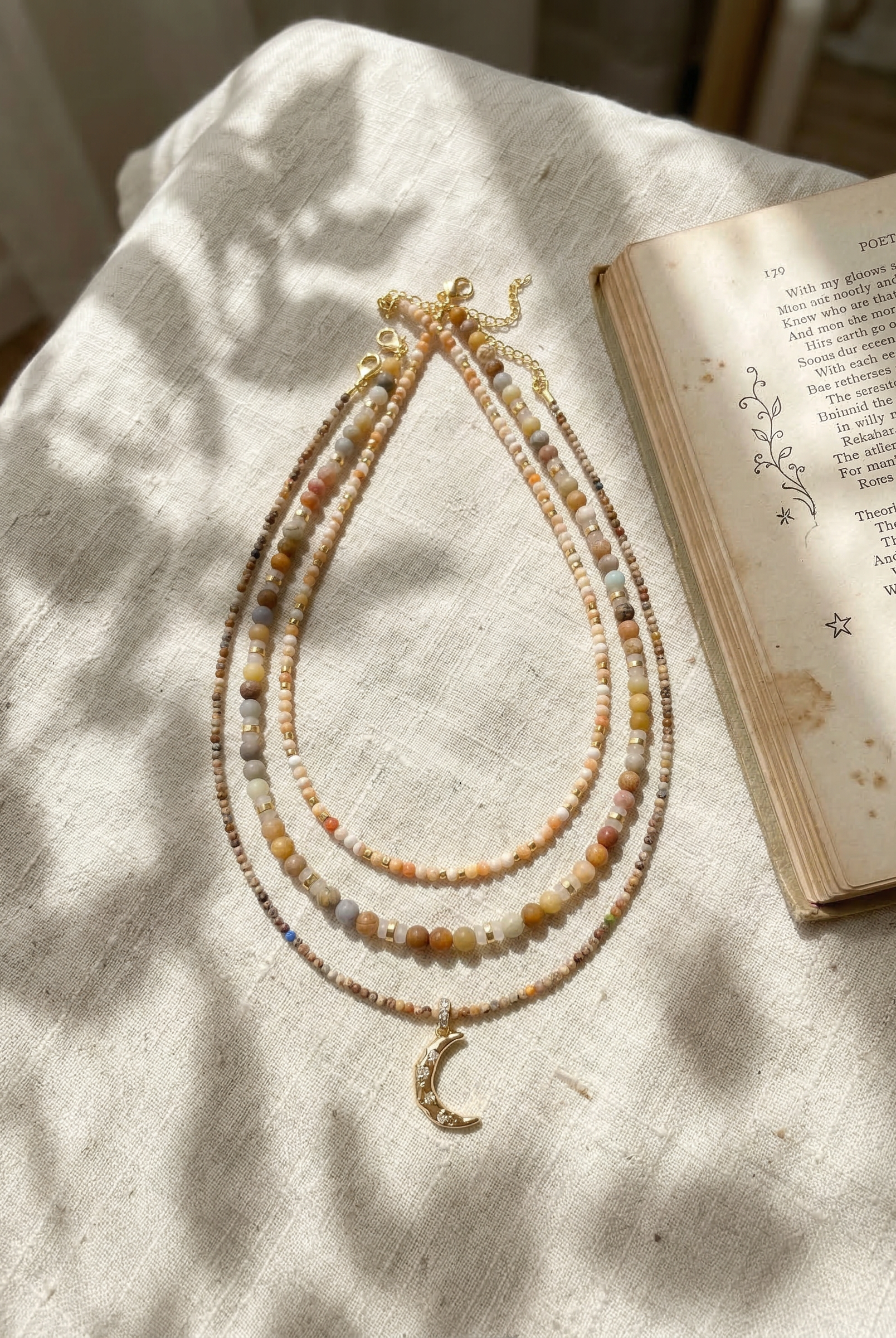 Handmade Natural Stone Beaded Necklace with Moon Pendant by LINTICO