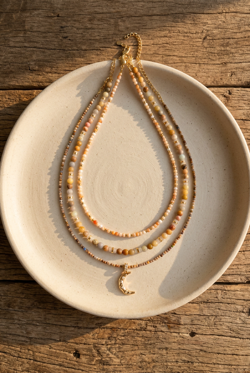 Handmade Natural Stone Beaded Necklace with Moon Pendant by LINTICO