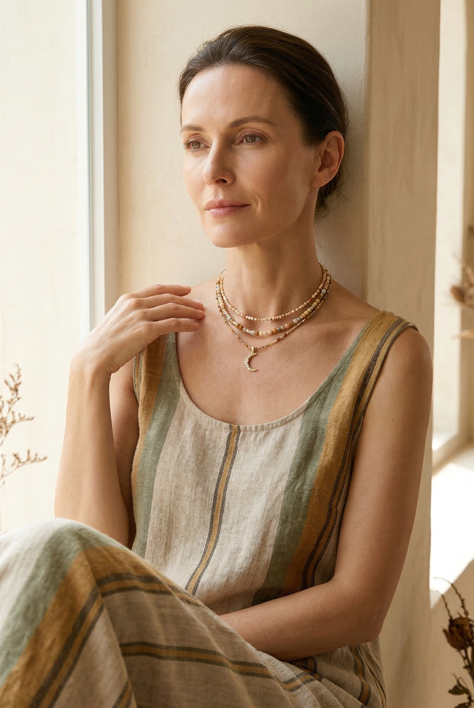 Handmade Natural Stone Beaded Necklace with Moon Pendant by LINTICO