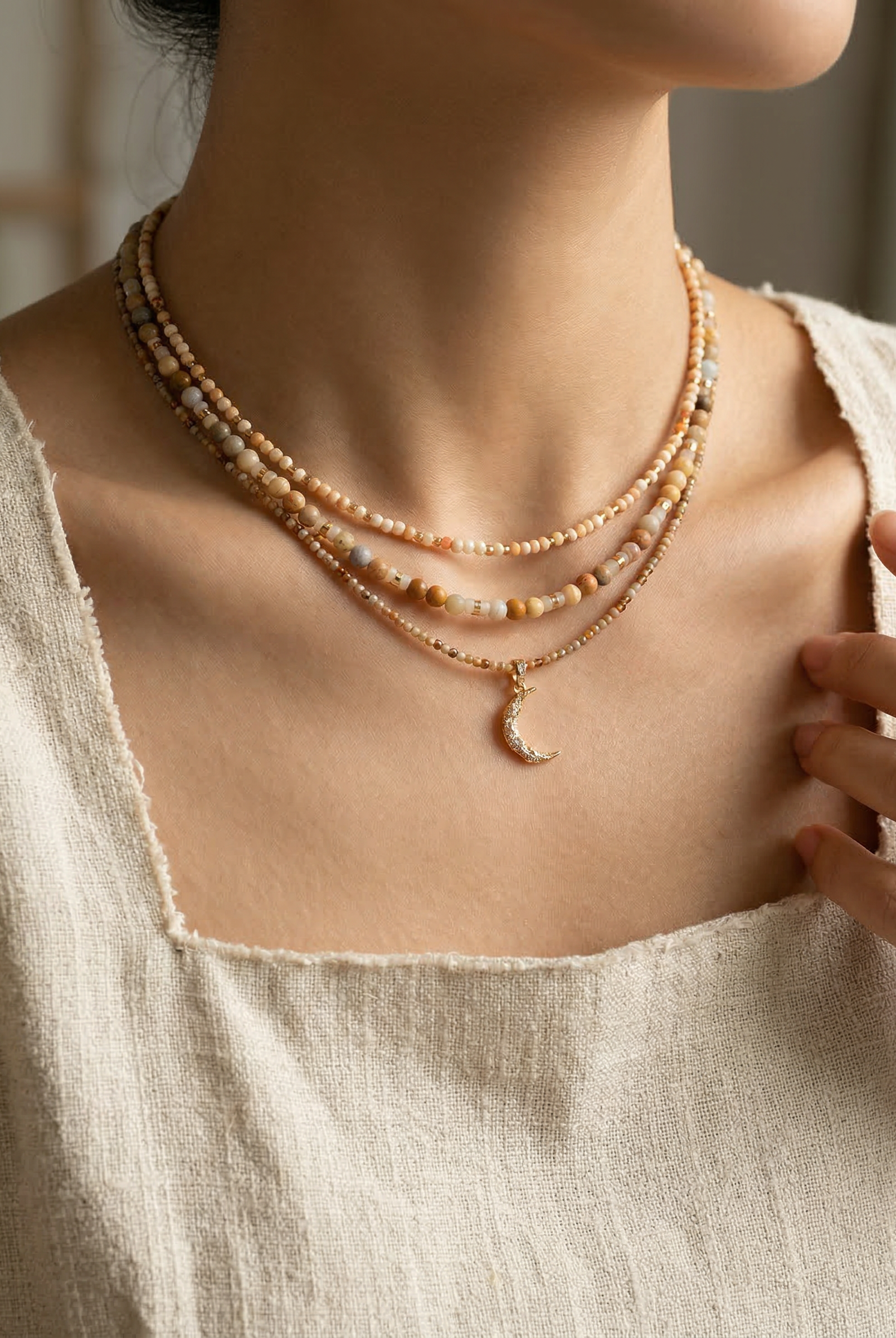 Handmade Natural Stone Beaded Necklace with Moon Pendant by LINTICO