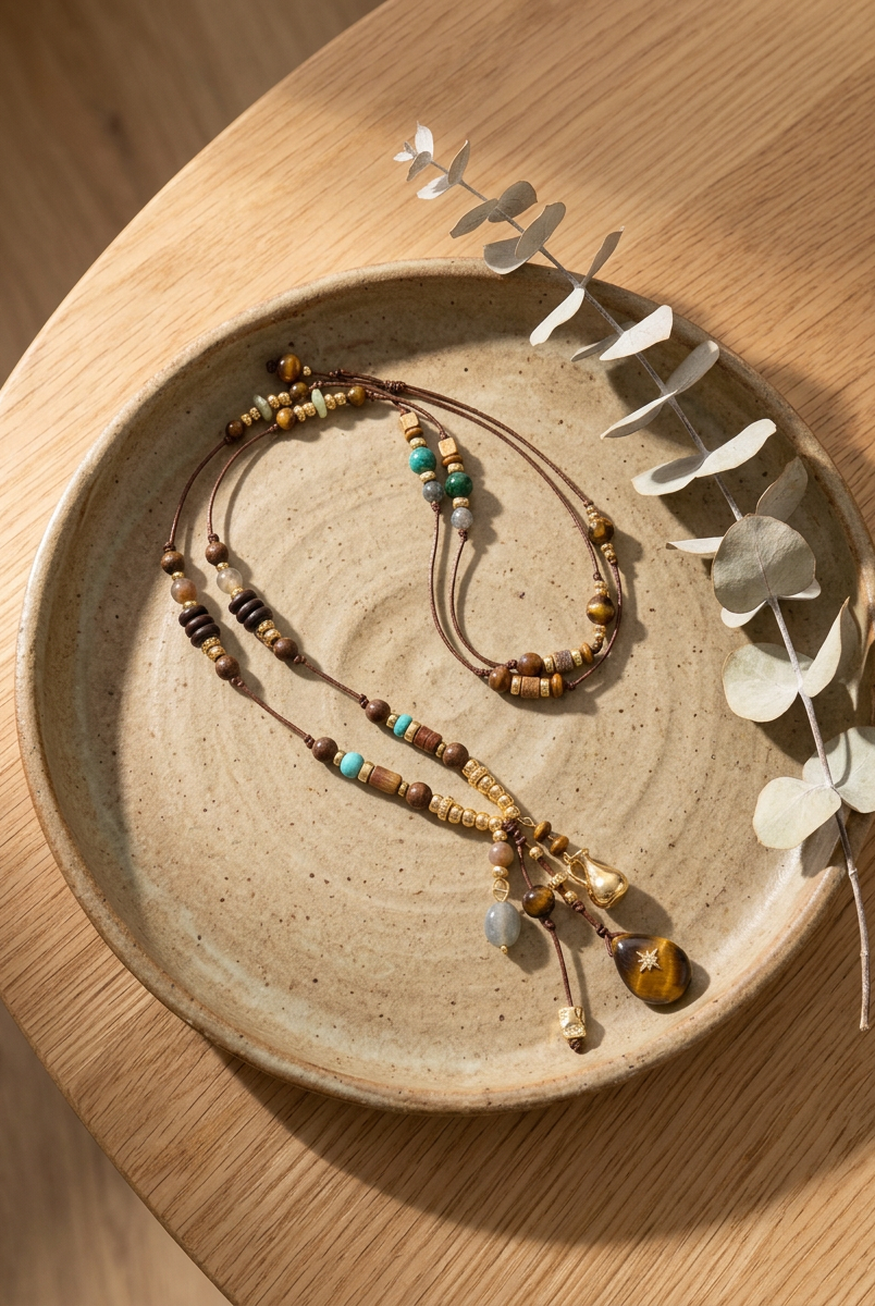 Natural Stone Beaded Long Necklace by LINTICO
