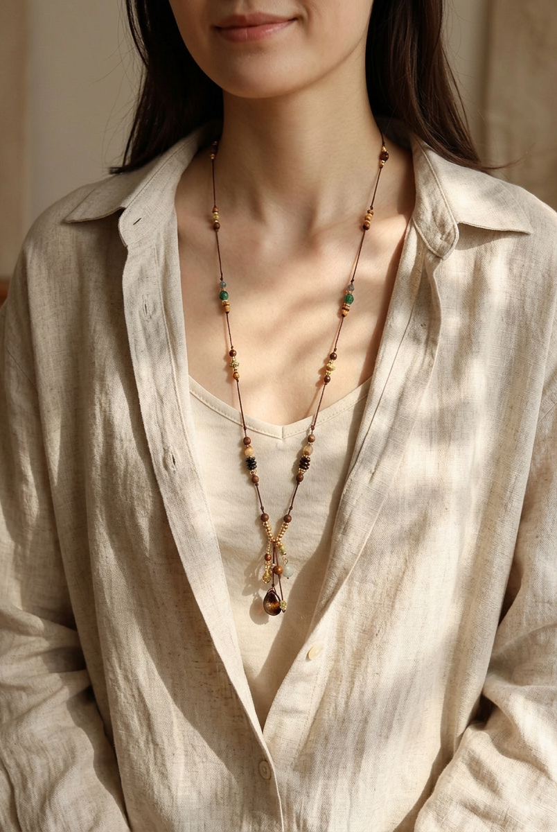 Natural Stone Beaded Long Necklace by LINTICO