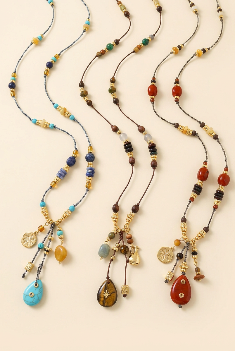 Natural Stone Beaded Long Necklace by LINTICO