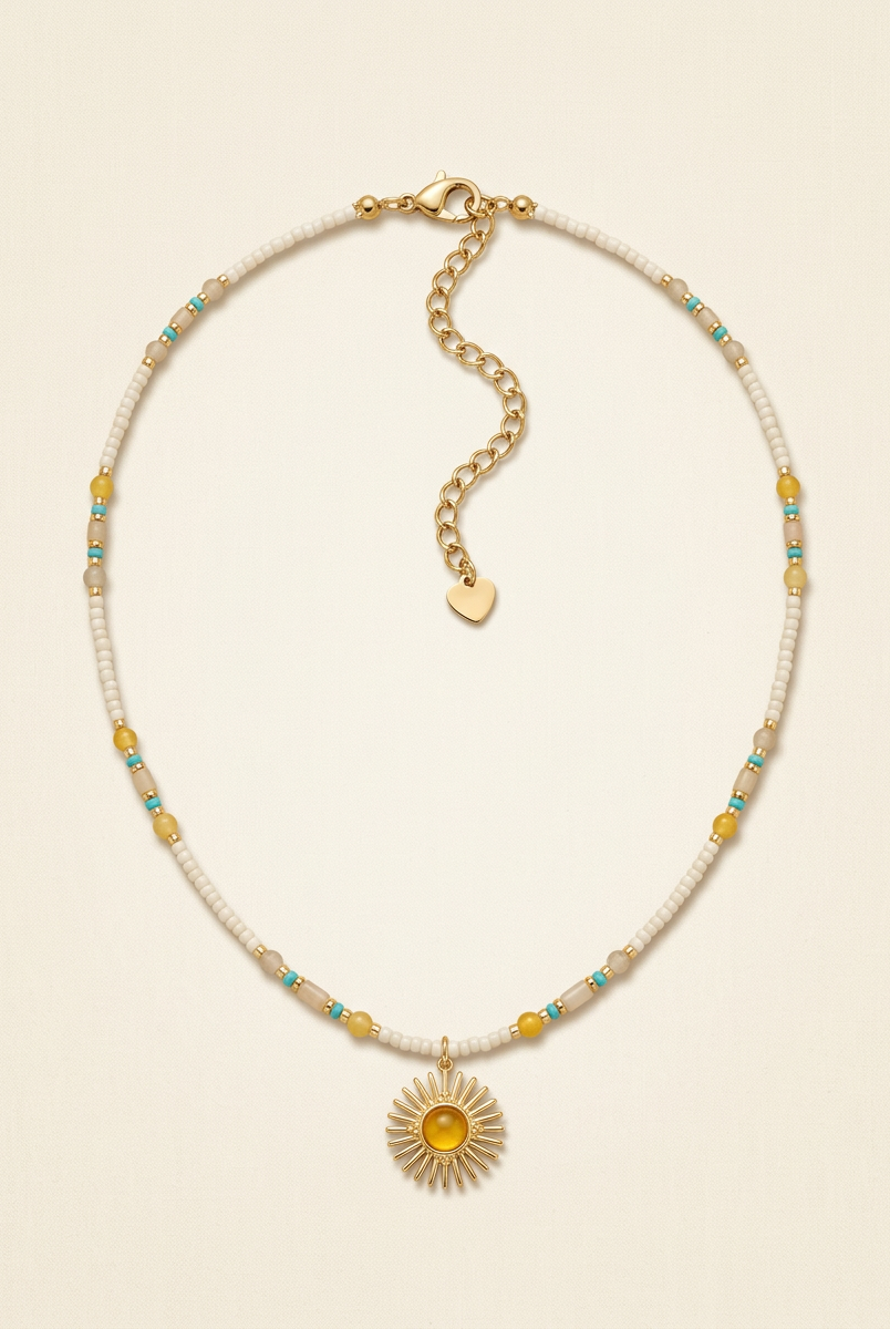 Natural Stone Beaded Necklace with Sun Pendant by LINTICO