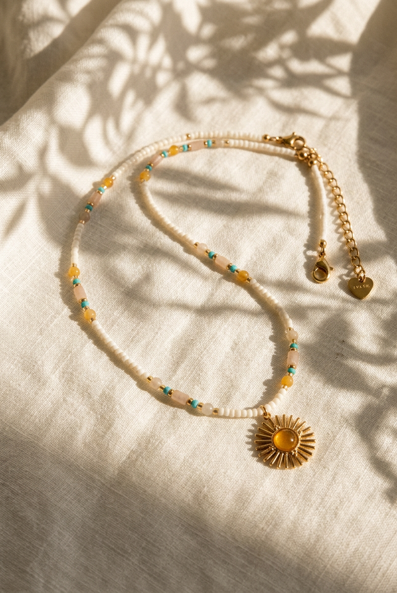 Natural Stone Beaded Necklace with Sun Pendant by LINTICO