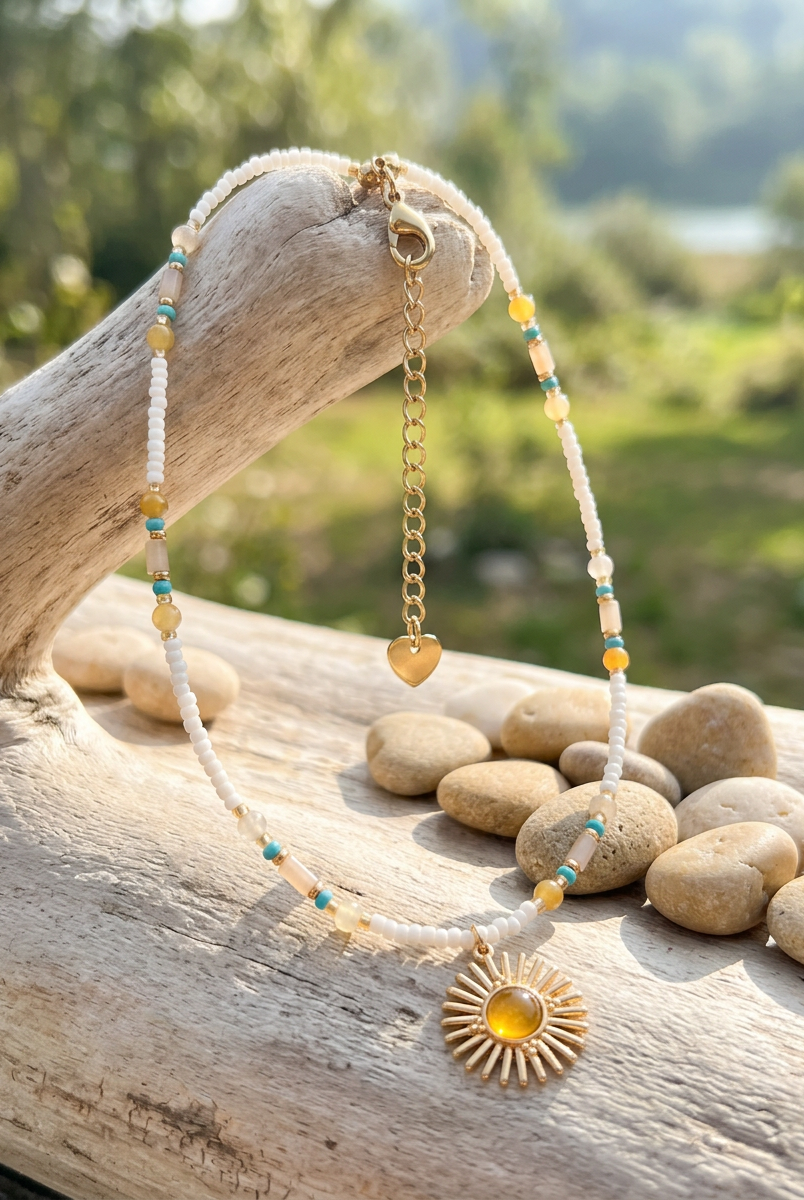 Natural Stone Beaded Necklace with Sun Pendant by LINTICO