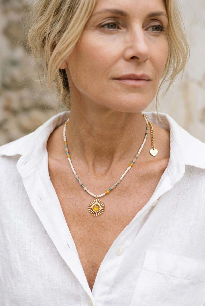 Natural Stone Beaded Necklace with Sun Pendant by LINTICO