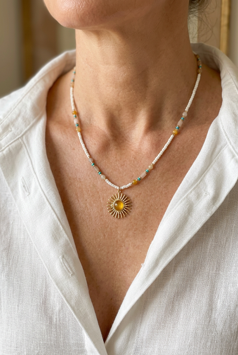 Natural Stone Beaded Necklace with Sun Pendant by LINTICO